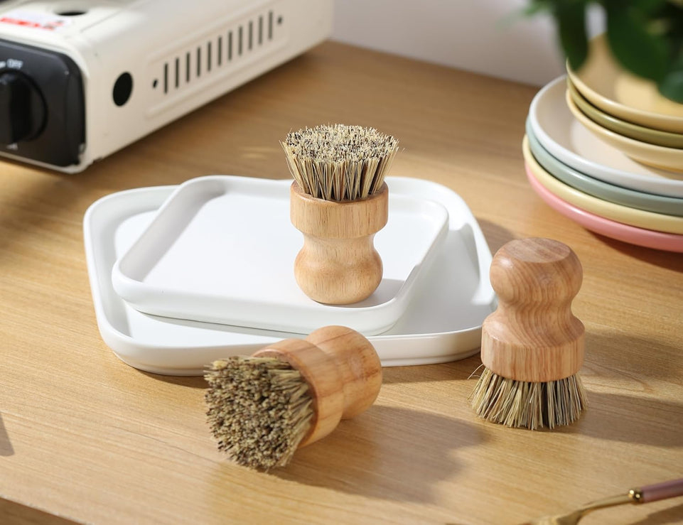 Bamboo Dish Brush Kitchen Coconut Palm Pot Brush Bristles Bamboo Dish Scrub Brushes,Round Mini Cleaning Brush Dish Scrubbers Brush,Washing Dishes,Vegetable,Pots, Pans, Set of 3