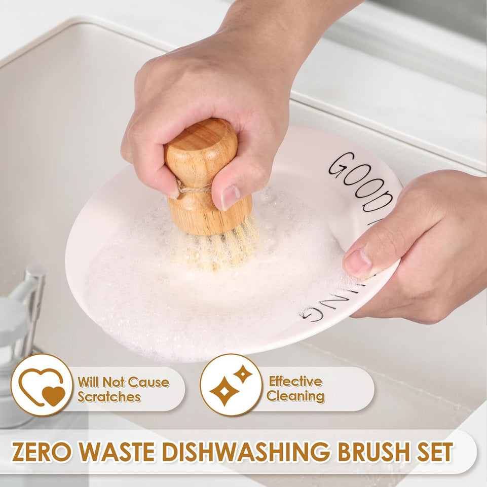 3 Packs Wooden Dish Brush Natural Wooden Washing Scrubber Kitchen Bamboo Brush Set with Handle and Hanging Rope Kitchen Wooden Cleaning Scrubbers Set Sisal Bristles Dish Scrubber Brush