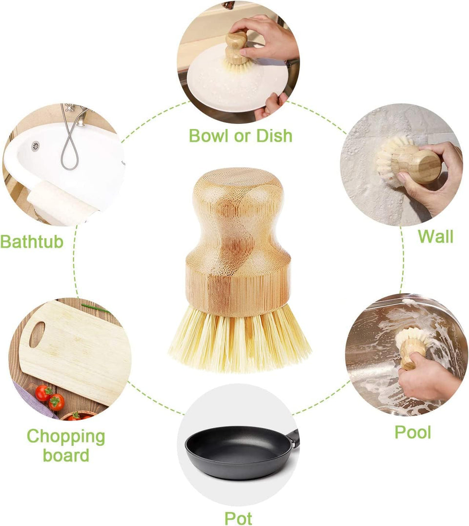 Bamboo Dish Scrub Brushes,3Pcs Dish Brush Mini Scrub Brush Natural Wooden Washing Scrubber Kitchen Bamboo Brush Set Dish Brushes,Bamboo round Mini Palm Scrub Brush with Dish,Wooden Dish Scrubber Brush