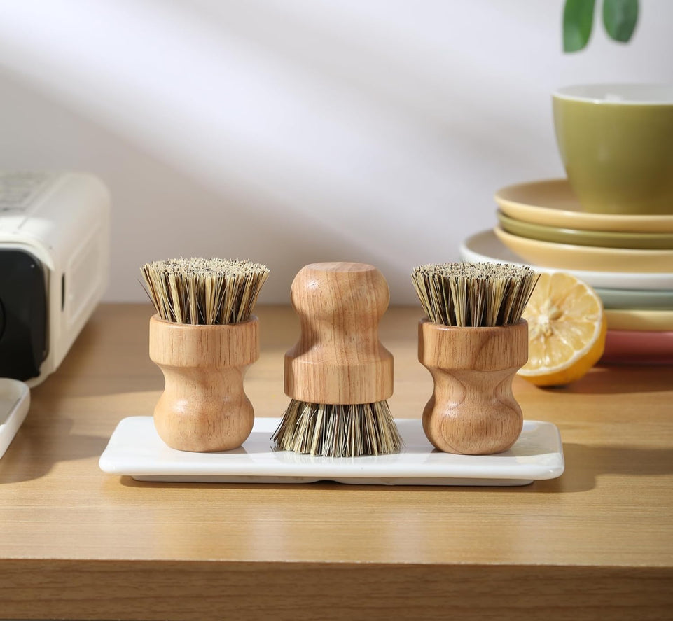 Bamboo Dish Brush Kitchen Coconut Palm Pot Brush Bristles Bamboo Dish Scrub Brushes,Round Mini Cleaning Brush Dish Scrubbers Brush,Washing Dishes,Vegetable,Pots, Pans, Set of 3