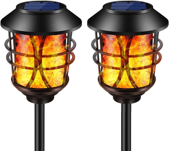 Solar Light Outdoor Metal Flame Flickering Solar Lantern Waterproof Outdoor Decorative Lighting for Garden Patio Yard Deck Table (2 Pack Bronze))