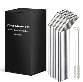 Reusable Straws Glass Straw：40 Pack Clear Glass Straws Long 10 Inch Smoothie Straws Reusable Straw with Case Wide Drinking Straws for Tumblers 20Oz-32Oz