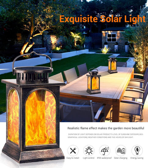 Solar Light Outdoor Metal Flame Flickering Solar Lantern Waterproof Outdoor Decorative Lighting for Garden Patio Yard Deck Table (2 Pack Bronze))