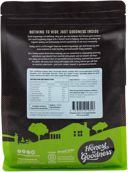 , Organic Dark Chocolate Drops 70% Cocoa, 1 Kg - Sustainably Sourced and Ethically Made from Premium Ingredients. a Lovely Rich, Smooth Dark Flavour.