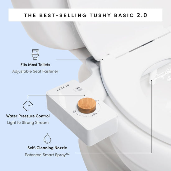 Classic Bidet Toilet Attachment - Modern Sleek Design - Fresh Clean Water Sprayer - Non-Electric Self Cleaning Nozzle (White/Bamboo Knob)