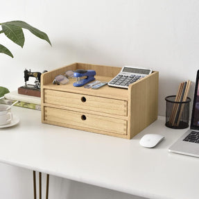 Desk Organizer with Drawers - Wood Drawer Storage Box with Trays for Tabletop - Workspace Office Toiletries Supplies Tool Caddy - Wooden Storage Cabinet 2 Drawers 2 Layer Natural（Dt2D2C-Na）