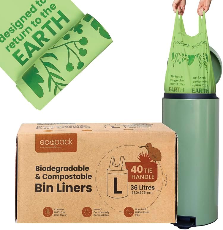 Compostable Bin Liners | Biodegradable Garbage Compostable Bin Bags | Rubbish Bags for Household & Cleaning | Tie Handles for Easy Disposal | 60 Green Waste Bags (8L - Large) W/Dispenser Box