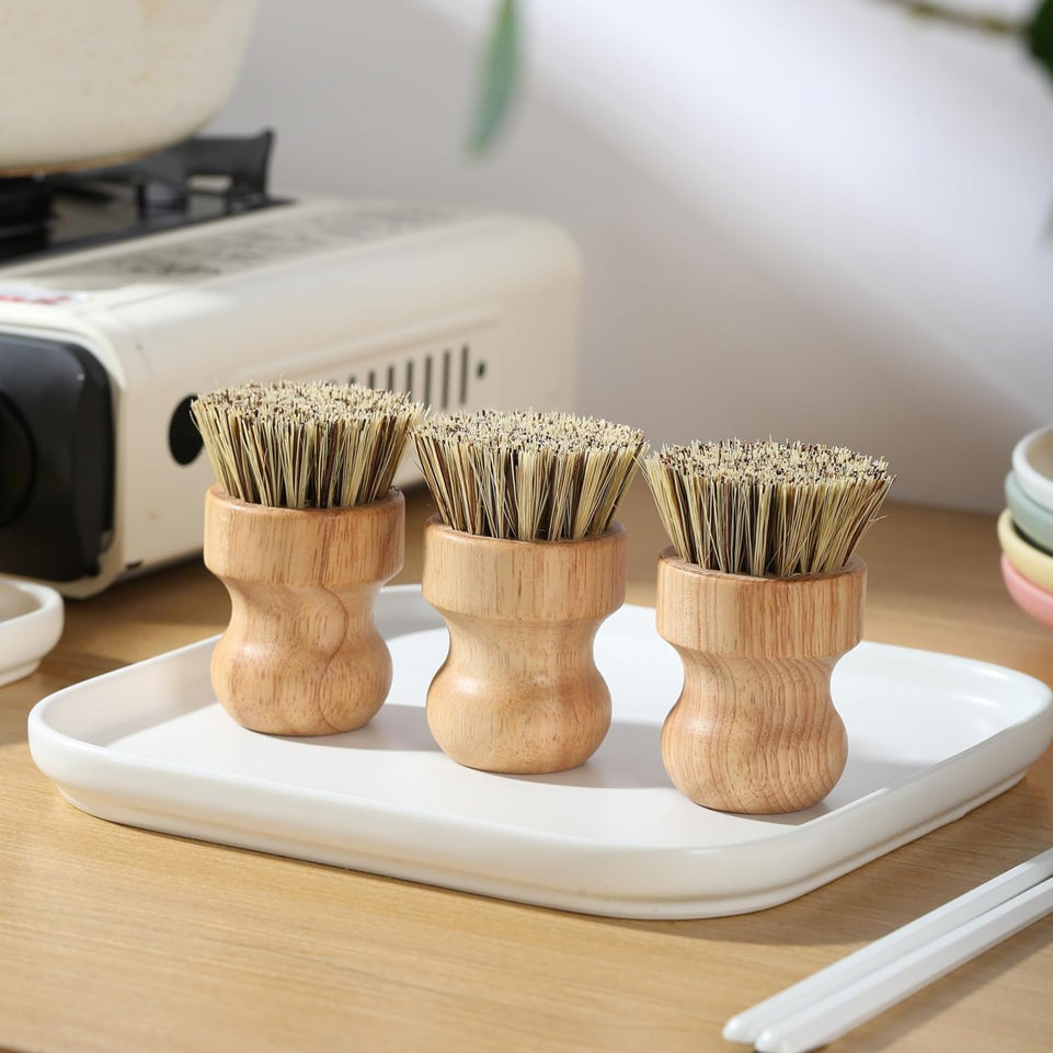 Bamboo Dish Brush Kitchen Coconut Palm Pot Brush Bristles Bamboo Dish Scrub Brushes,Round Mini Cleaning Brush Dish Scrubbers Brush,Washing Dishes,Vegetable,Pots, Pans, Set of 3