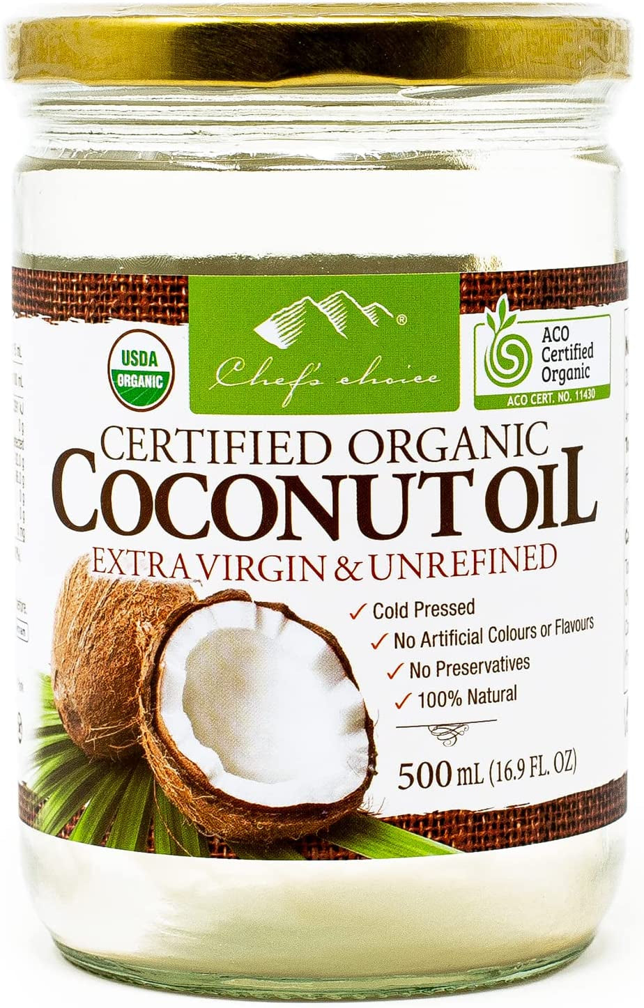 Organic Extra-Virgin and Unrefined Coconut Oil, 500 Ml