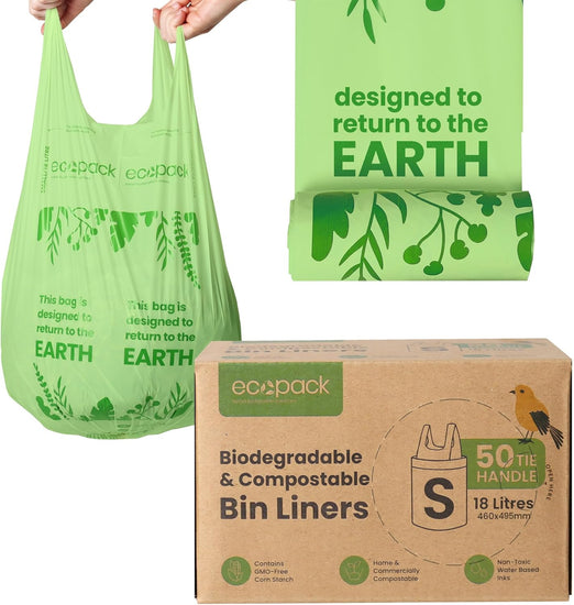 Compostable Bin Liners | Biodegradable Garbage Compostable Bin Bags | Rubbish Bags for Household & Cleaning | Tie Handles for Easy Disposal | 60 Green Waste Bags (8L - Large) W/Dispenser Box