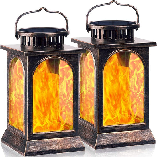 Solar Garden Light, Outdoor Lantern Flame Solar Light Metal Pendant Waterproof Landscaping Light for Party, Yard (2-Pack, Antique Bronze)