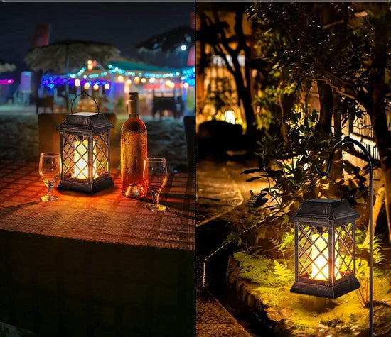 Solar Garden Light, Outdoor Lantern Flame Solar Light Metal Pendant Waterproof Landscaping Light for Party, Yard (2-Pack, Antique Bronze)