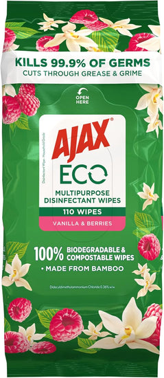 Eco Antibacterial Disinfectant Surface Cleaning Wipes, Bulk 110 Pack, Fresh Lemon, Multipurpose, Biodegradable and Compostable, Made with Bamboo Fibres