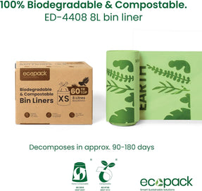 Compostable Bin Liners | Biodegradable Garbage Compostable Bin Bags | Rubbish Bags for Household & Cleaning | Tie Handles for Easy Disposal | 60 Green Waste Bags (8L - Large) W/Dispenser Box