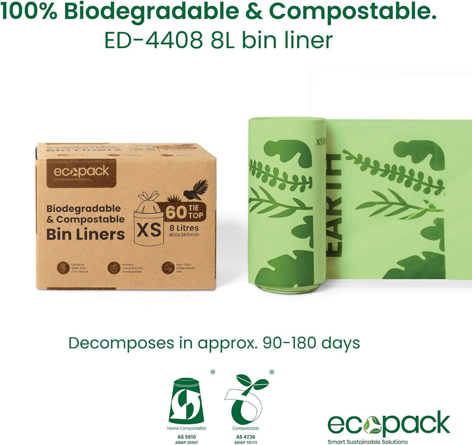 Compostable Bin Liners | Biodegradable Garbage Compostable Bin Bags | Rubbish Bags for Household & Cleaning | Tie Handles for Easy Disposal | 60 Green Waste Bags (8L - Large) W/Dispenser Box