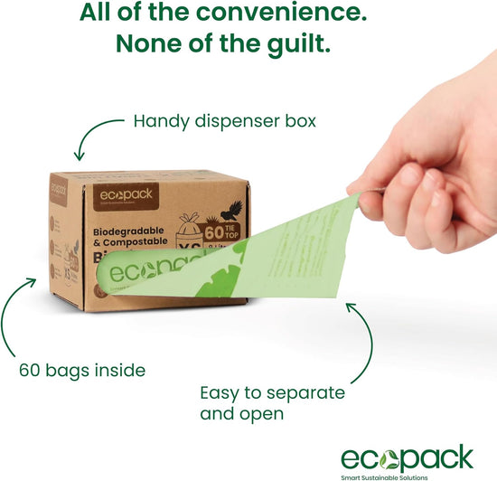 Compostable Bin Liners | Biodegradable Garbage Compostable Bin Bags | Rubbish Bags for Household & Cleaning | Tie Handles for Easy Disposal | 60 Green Waste Bags (8L - Large) W/Dispenser Box