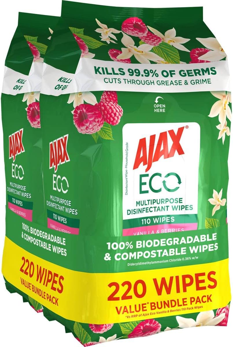 Eco Antibacterial Disinfectant Surface Cleaning Wipes, Bulk 110 Pack, Fresh Lemon, Multipurpose, Biodegradable and Compostable, Made with Bamboo Fibres