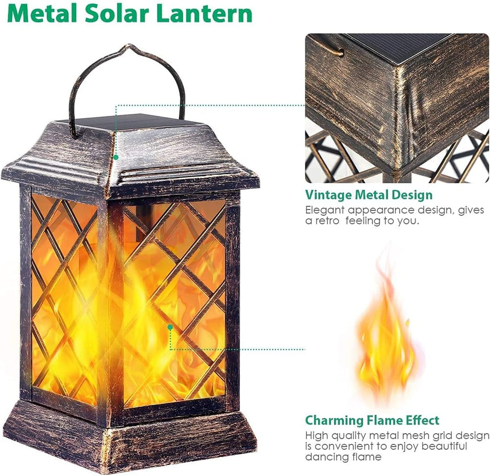 Solar Garden Light, Outdoor Lantern Flame Solar Light Metal Pendant Waterproof Landscaping Light for Party, Yard (2-Pack, Antique Bronze)