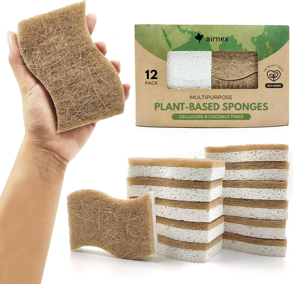 Biodegradable Natural Kitchen Sponge - Compostable Cellulose and Coconut Walnut Scrubber Sponge - Pack of 12 Eco Friendly Sponges for Dishes