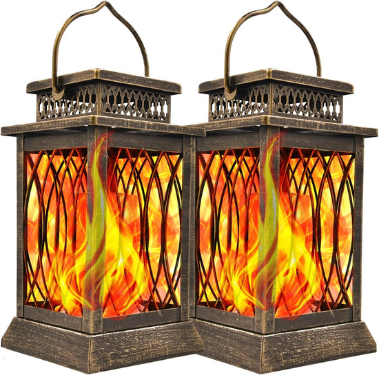 Solar Garden Light, Outdoor Lantern Flame Solar Light Metal Pendant Waterproof Landscaping Light for Party, Yard (2-Pack, Antique Bronze)