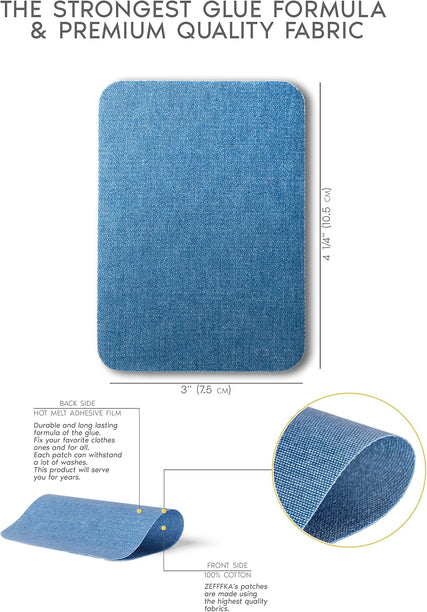 Premium Quality Denim Iron-On Jean Patches inside & outside Strongest Glue 100% Cotton Assorted Shades of Blue Repair Decorating Kit 12 Pieces Size 3" by 4-1/4" (7.5 Cm X 10.5 Cm)