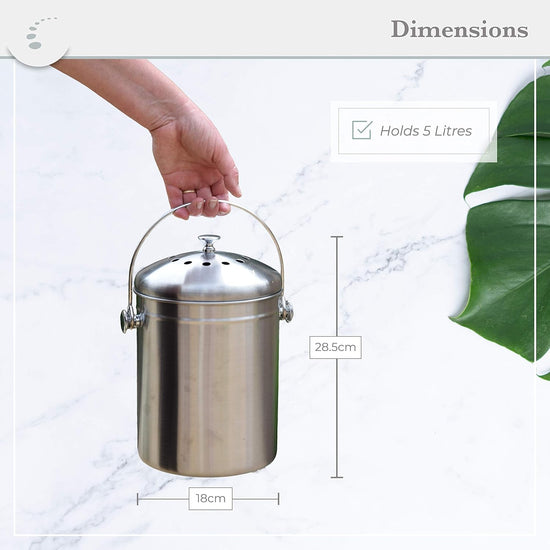 Stainless Steel Compost Bin Kitchen Countertop 5L - Odourless Double Charcoal Caddy - Australian Owned