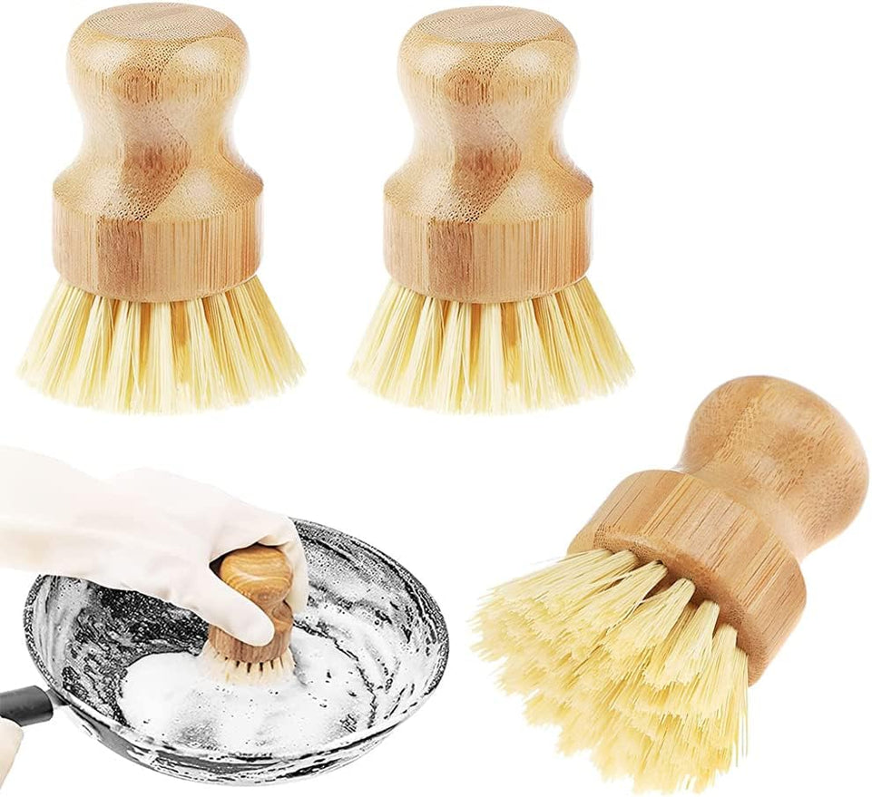 Bamboo Dish Scrub Brushes,3Pcs Dish Brush Mini Scrub Brush Natural Wooden Washing Scrubber Kitchen Bamboo Brush Set Dish Brushes,Bamboo round Mini Palm Scrub Brush with Dish,Wooden Dish Scrubber Brush