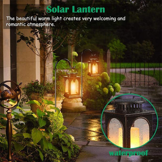 Solar Light Outdoor Metal Flame Flickering Solar Lantern Waterproof Outdoor Decorative Lighting for Garden Patio Yard Deck Table (2 Pack Bronze))