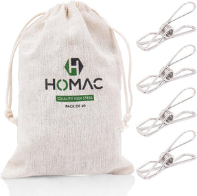 HOMAC 304 Stainless Steel Pegs with Peg Bag - 40 Pack 6.5CM 2.56 Inch Premium Quality Heavy Duty Clothes Pegs - Marine Grade Laundry Pegs for Outdoor Clothesline, Kitchen, Snack Bags, Washcloth