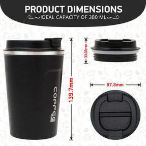 Coffee Cup, Stainless Steel Insulated & Reusable Travel Mug with Leak Proof Lid, Eco-Friendly Coffee Mug for Hot, Cold Drinks 380Ml (Black)