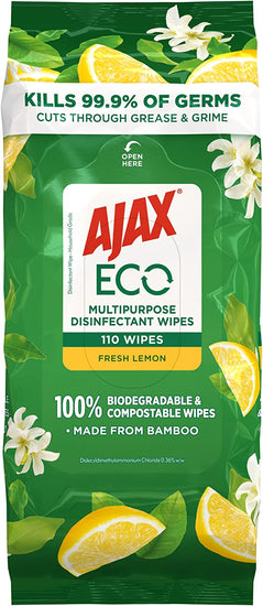 Eco Antibacterial Disinfectant Surface Cleaning Wipes, Bulk 110 Pack, Fresh Lemon, Multipurpose, Biodegradable and Compostable, Made with Bamboo Fibres