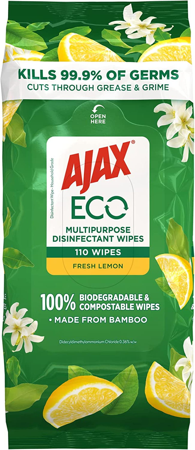 Eco Antibacterial Disinfectant Surface Cleaning Wipes, Bulk 110 Pack, Fresh Lemon, Multipurpose, Biodegradable and Compostable, Made with Bamboo Fibres