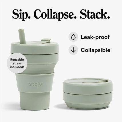 Collapsible Travel Cup with Straw - Sage Green, 16Oz / 470Ml - Reusable To-Go Pocket Size Silicone Bottle for Hot and Cold Drinks - Perfect for Camping and Hiking - Microwave & Dishwasher Safe