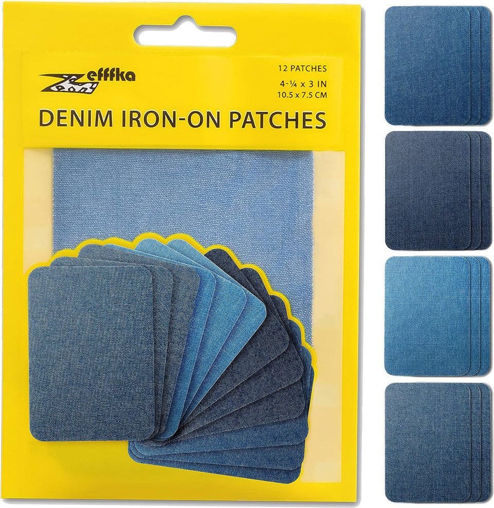 Premium Quality Denim Iron-On Jean Patches inside & outside Strongest Glue 100% Cotton Assorted Shades of Blue Repair Decorating Kit 12 Pieces Size 3" by 4-1/4" (7.5 Cm X 10.5 Cm)