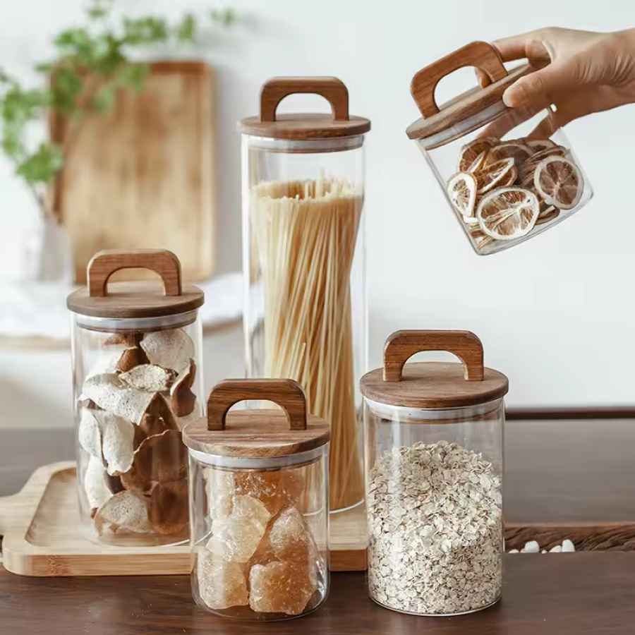 Renewable Materials Canisters with Bamboo Lids Perfect Storage Jars for Food & Pantry Organization Glass Jars 3pcs/set