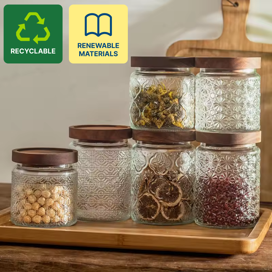 Renewable Materials Glass Airtight Storage Jar With Airtight Wood Lid Kitchen Food Containers for Coffee & Tea 2pcs/set