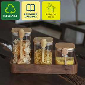 Sustainable Materials Clear Food Storage Glass Jar With Bamboo Lid and Bamboo Spoon 3pcs/set