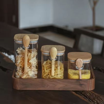 Sustainable Materials Clear Food Storage Glass Jar With Bamboo Lid and Bamboo Spoon 3pcs/set