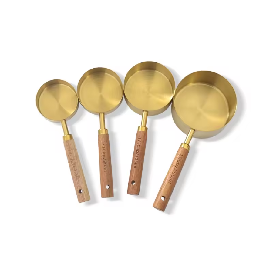 Eco-friendly Materials Golden Stainless Steel Measuring Cup and Spoon Set with Walnut Handle - 8pcs for Kitchen Baking