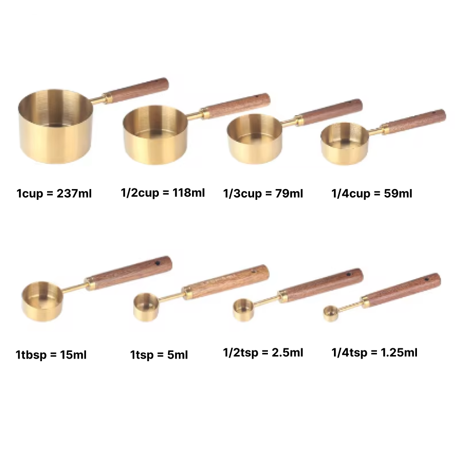 Eco-friendly Materials Golden Stainless Steel Measuring Cup and Spoon Set with Walnut Handle - 8pcs for Kitchen Baking