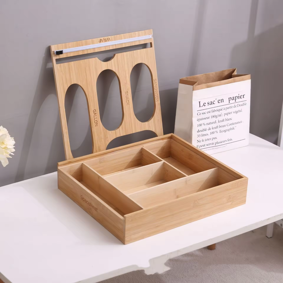 Eco-friendly Materials Food Storage Bag Organizer for Kitchen Drawer, Food Bag Organization and Storage for Pantry, Cabinet Bamboo Container