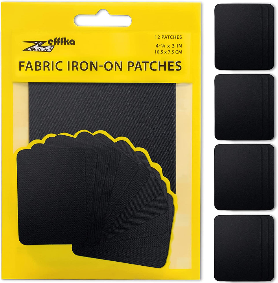 Premium Quality Fabric Iron-On Patches inside & outside Strongest Glue 100% Cotton Black Repair Decorating Kit 12 Pieces Size 3" by 4-1/4" (7.5 Cm X 10.5 Cm)