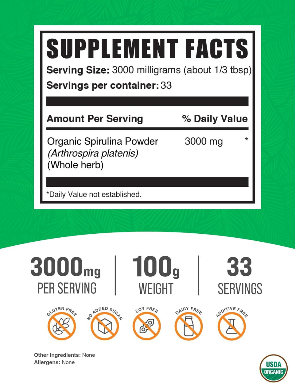 .Com Organic Spirulina Powder - Superfood Powder, Green Spirulina Powder, Spirulina Organic - Vegan-Friendly, 3000Mg per Serving, 100G (3.5 Oz) (Pack of 1)