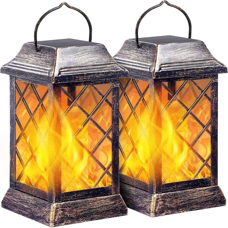 Solar Garden Light, Outdoor Lantern Flame Solar Light Metal Pendant Waterproof Landscaping Light for Party, Yard (2-Pack, Antique Bronze)