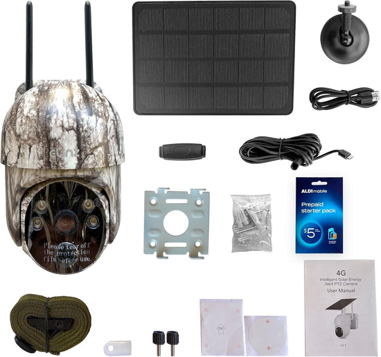 4G Cellular PTZ Solar Powered Camouflage Outdoor Security Camera 3MP 2K HD Resolution 360° IP65 for Trail Wildlife Surveillance CCTV, 2-Way Talk, PIR, Siren, Colour Night Video, Aldi Sim