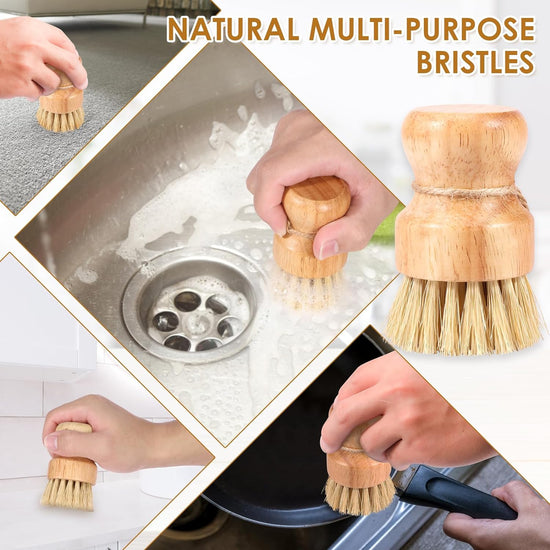 3 Packs Wooden Dish Brush Natural Wooden Washing Scrubber Kitchen Bamboo Brush Set with Handle and Hanging Rope Kitchen Wooden Cleaning Scrubbers Set Sisal Bristles Dish Scrubber Brush