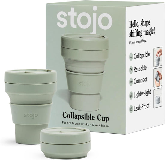 Collapsible Travel Cup with Straw - Sage Green, 16Oz / 470Ml - Reusable To-Go Pocket Size Silicone Bottle for Hot and Cold Drinks - Perfect for Camping and Hiking - Microwave & Dishwasher Safe