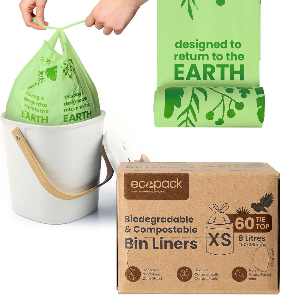 Compostable Bin Liners | Biodegradable Garbage Compostable Bin Bags | Rubbish Bags for Household & Cleaning | Tie Handles for Easy Disposal | 60 Green Waste Bags (8L - Large) W/Dispenser Box