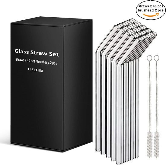 Reusable Straws Glass Straw：40 Pack Clear Glass Straws Long 10 Inch Smoothie Straws Reusable Straw with Case Wide Drinking Straws for Tumblers 20Oz-32Oz