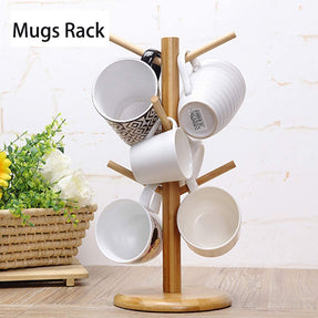 Bamboo Wooden Mug Rack Tree Coffee Tea Cup Organizer Hanger Holder with 6 Hooks Removable Bamboo Mug Stand (Natural, Bamboo)